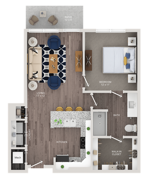 Floor plan for 1 bed, 1 bath, 769 sqft